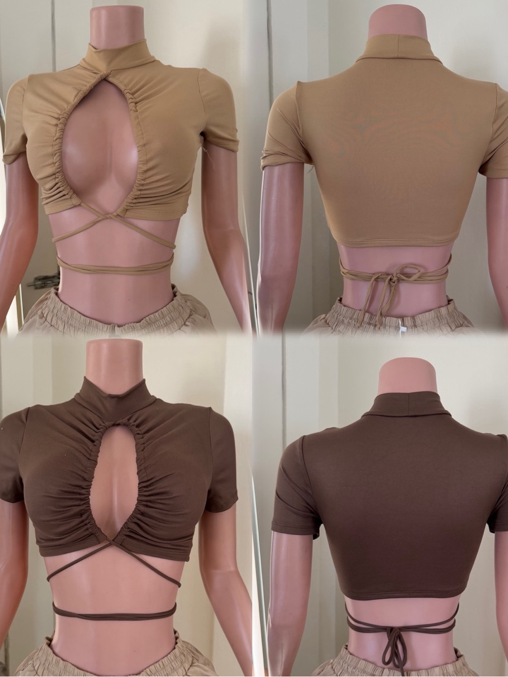 Ruched Keyhole Wrap Crop Top - Tan / Brown
